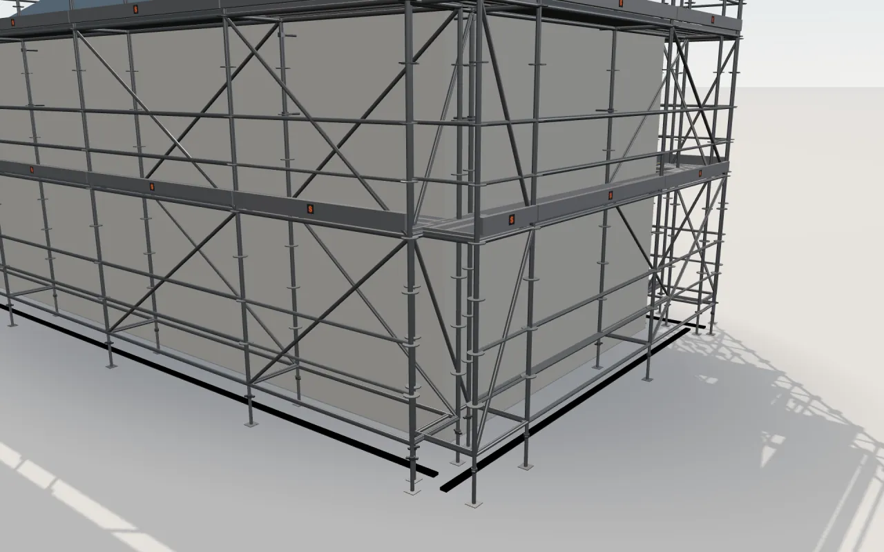 Close-up of the corner where the long wall and the gable wall meet, with StepUp RingLock standards, decks, guardrails and toe boards in the ScaFix 3D model