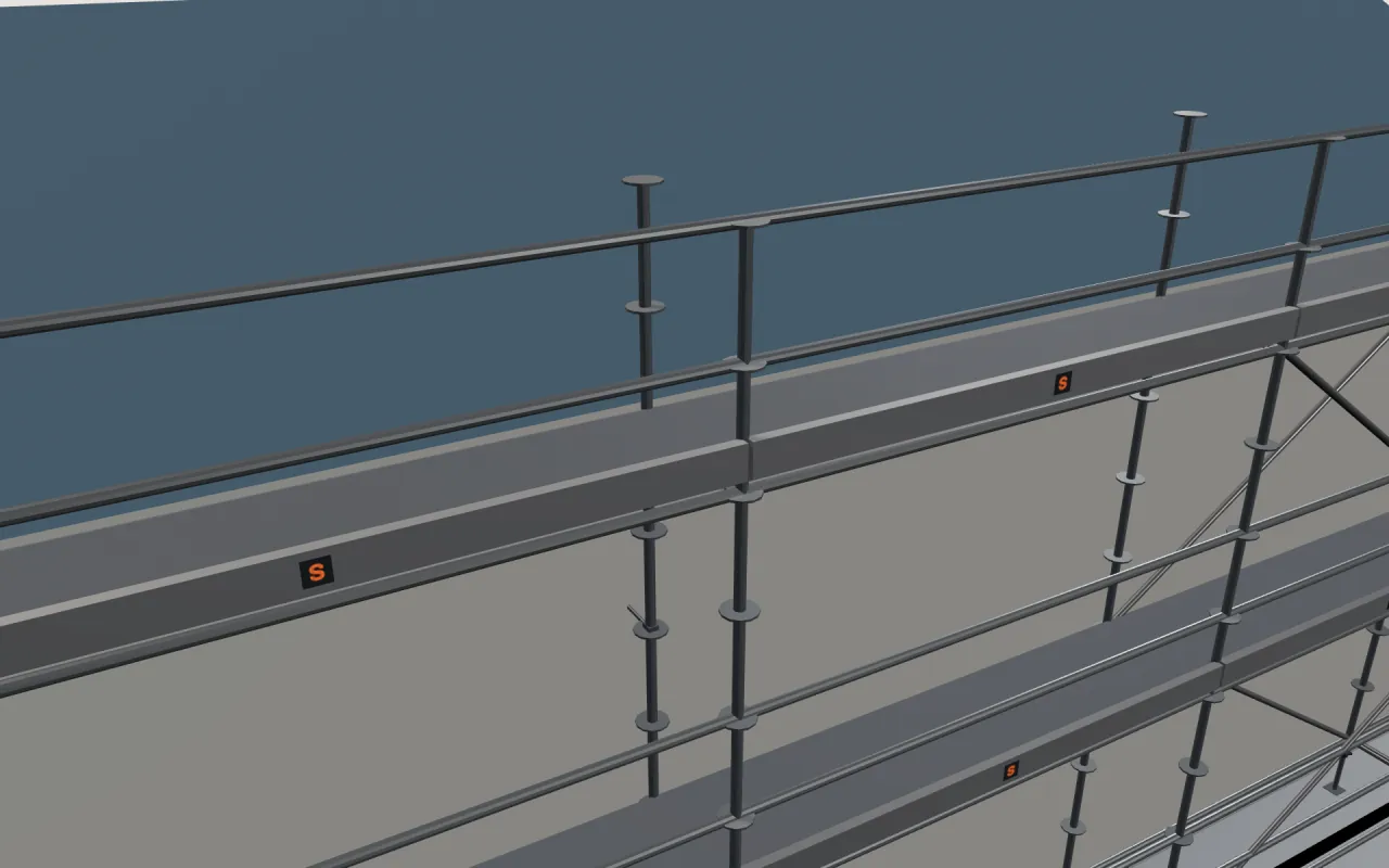 Close-up of the top StepUp RingLock lift below the eaves, with guardrails and toe boards, in the ScaFix 3D model