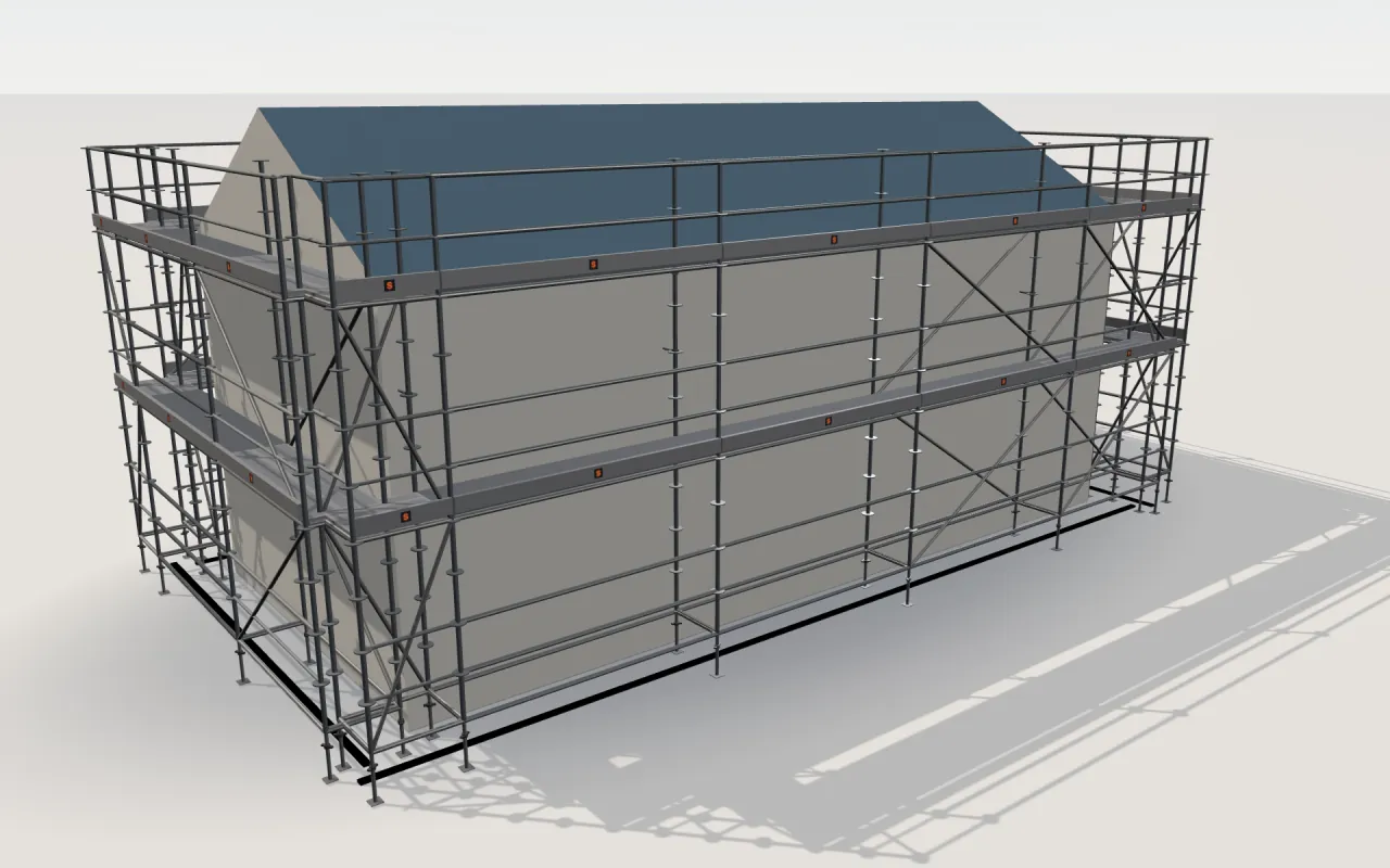 StepUp RingLock scaffolding around a house of 11.4 × 5.3 m with a gabled roof (eaves 4.5 m, ridge 6 m), drawn by the ScaFix 3D model