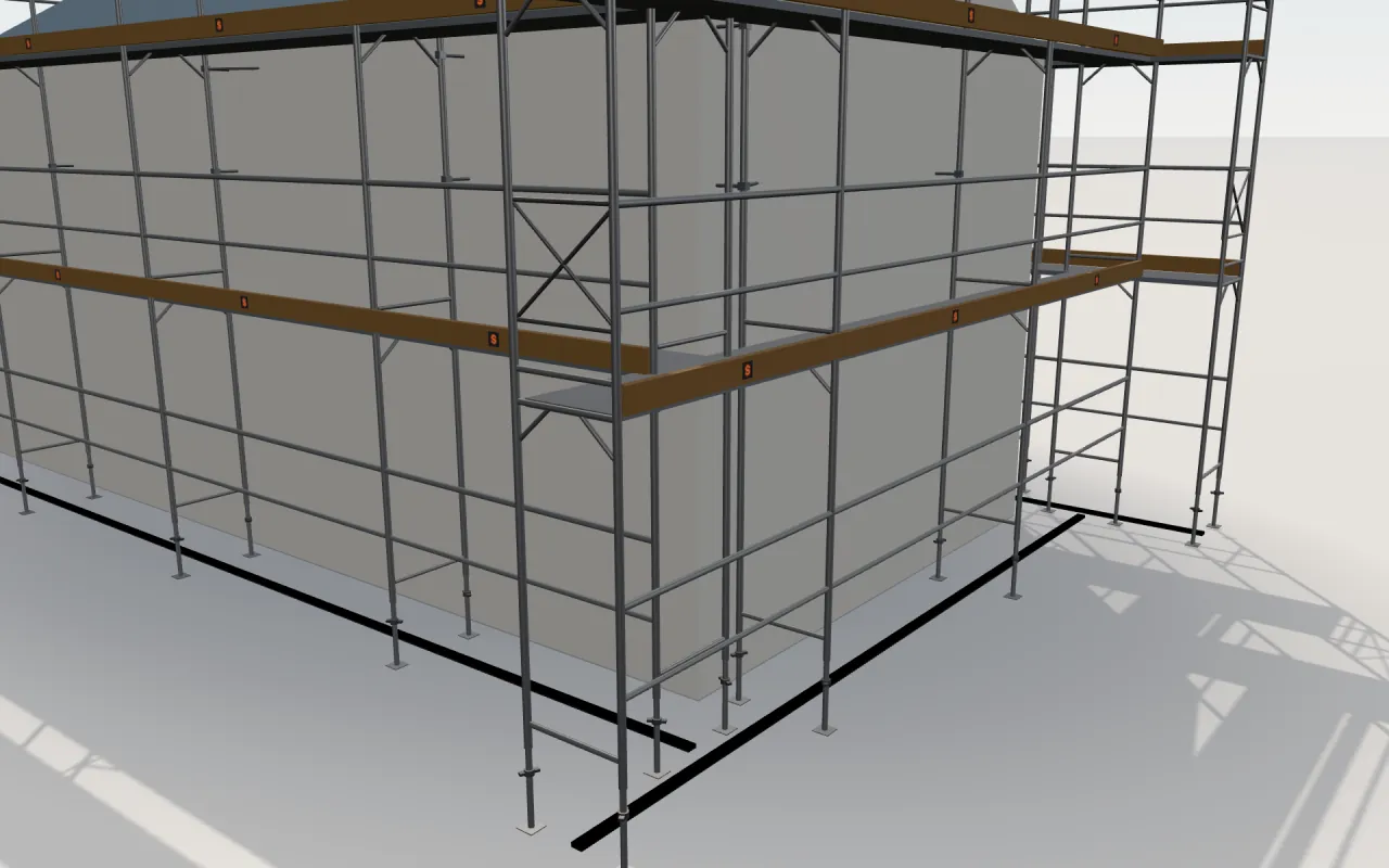 Close-up of the corner where the long wall and the gable wall meet, with Tobler MATO 1 standards, decks, guardrails and toe boards in the ScaFix 3D model