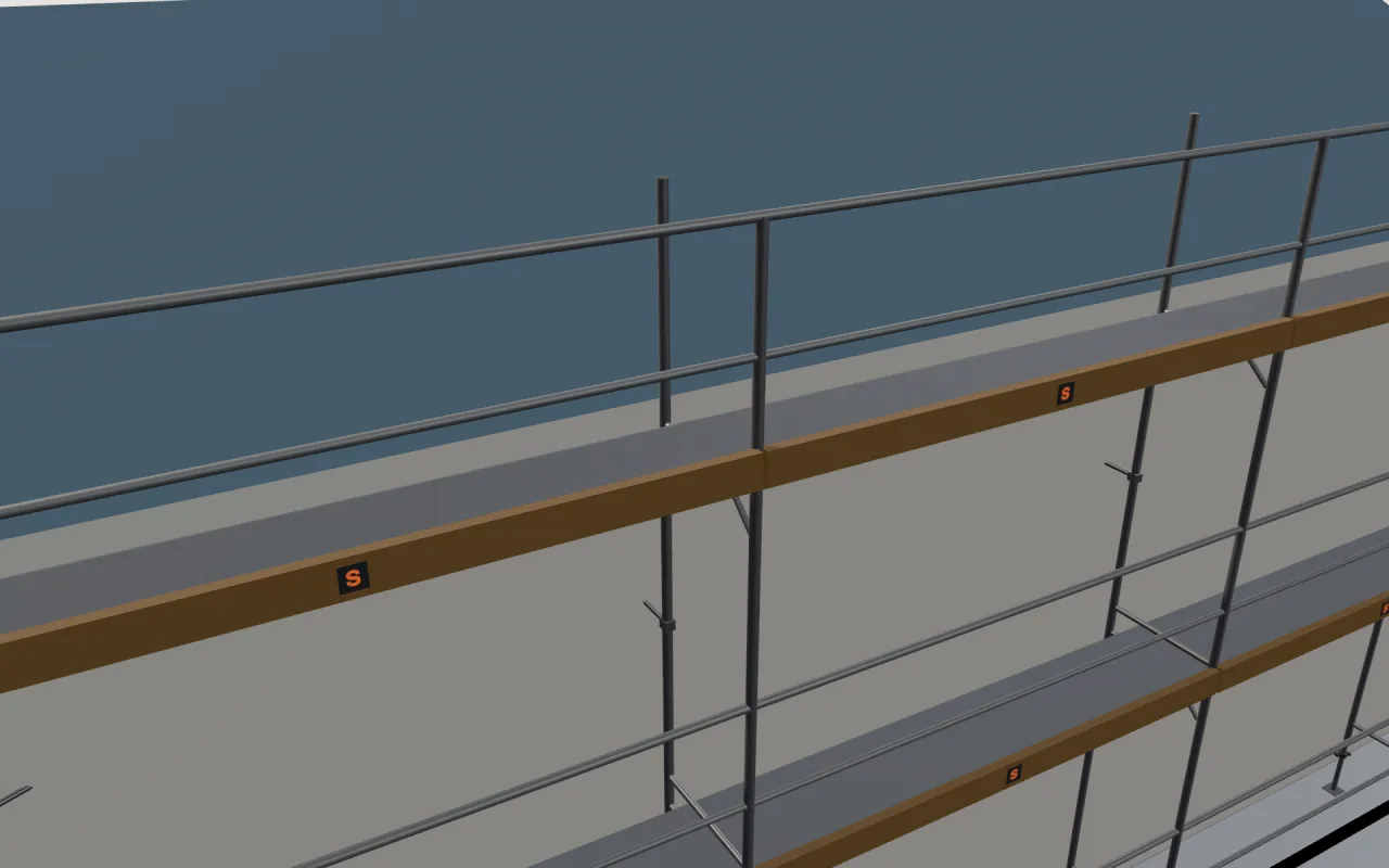 Close-up of the top Tobler MATO 1 lift below the eaves, with guardrails and toe boards, in the ScaFix 3D model