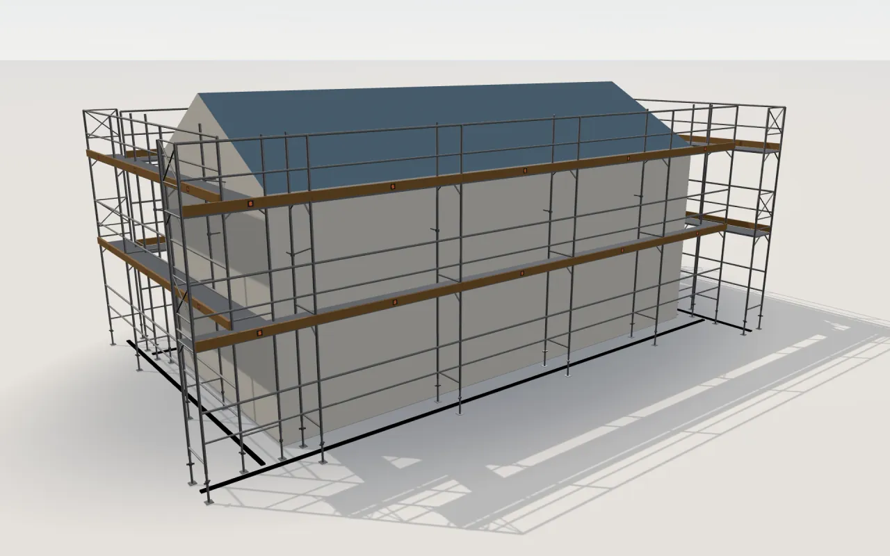 Tobler MATO 1 scaffolding around a house of 11.4 × 5.3 m with a gabled roof (eaves 4.5 m, ridge 6 m), drawn by the ScaFix 3D model