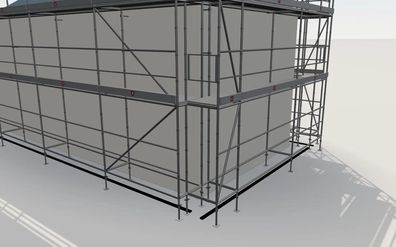 Close-up of the corner where the long wall and the gable wall meet, with Tubesca-Comabi M368 standards, decks, guardrails and toe boards in the ScaFix 3D model