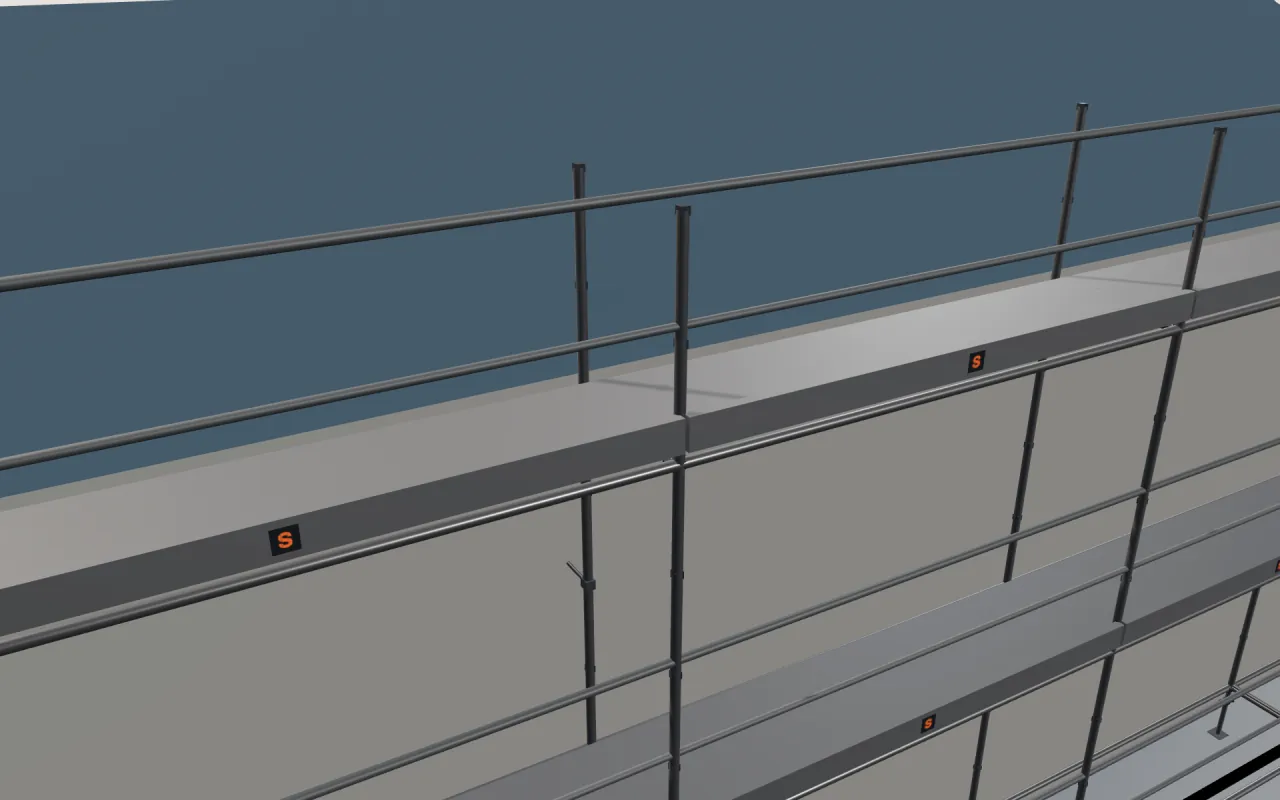 Close-up of the top Tubesca-Comabi M368 lift below the eaves, with guardrails and toe boards, in the ScaFix 3D model