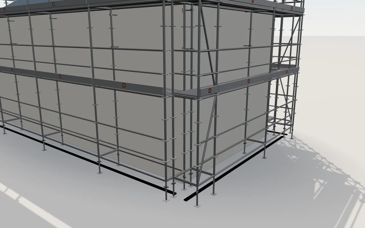 Close-up of the corner where the long wall and the gable wall meet, with ULMA BRIO standards, decks, guardrails and toe boards in the ScaFix 3D model