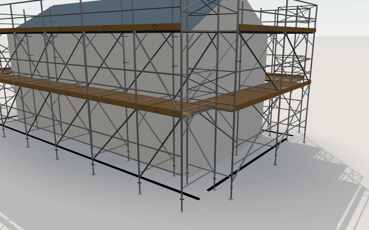 Close-up of the corner where the long wall and the gable wall meet, with Waco Frame standards, decks, guardrails and toe boards in the ScaFix 3D model