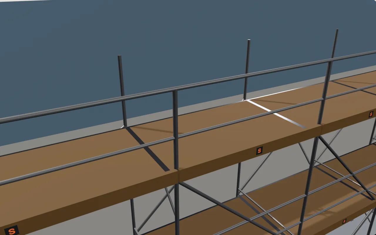 Close-up of the top Waco Frame lift below the eaves, with guardrails and toe boards, in the ScaFix 3D model