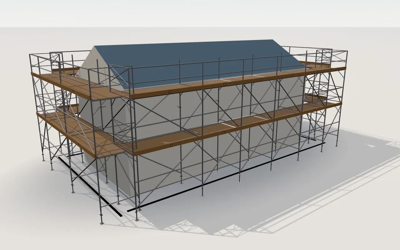 Waco Frame scaffolding around a house of 11.4 × 5.3 m with a gabled roof (eaves 4.5 m, ridge 6 m), drawn by the ScaFix 3D model