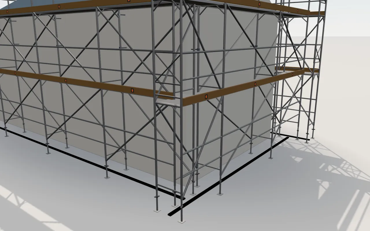 Close-up of the corner where the long wall and the gable wall meet, with WACO Narrow Frame standards, decks, guardrails and toe boards in the ScaFix 3D model