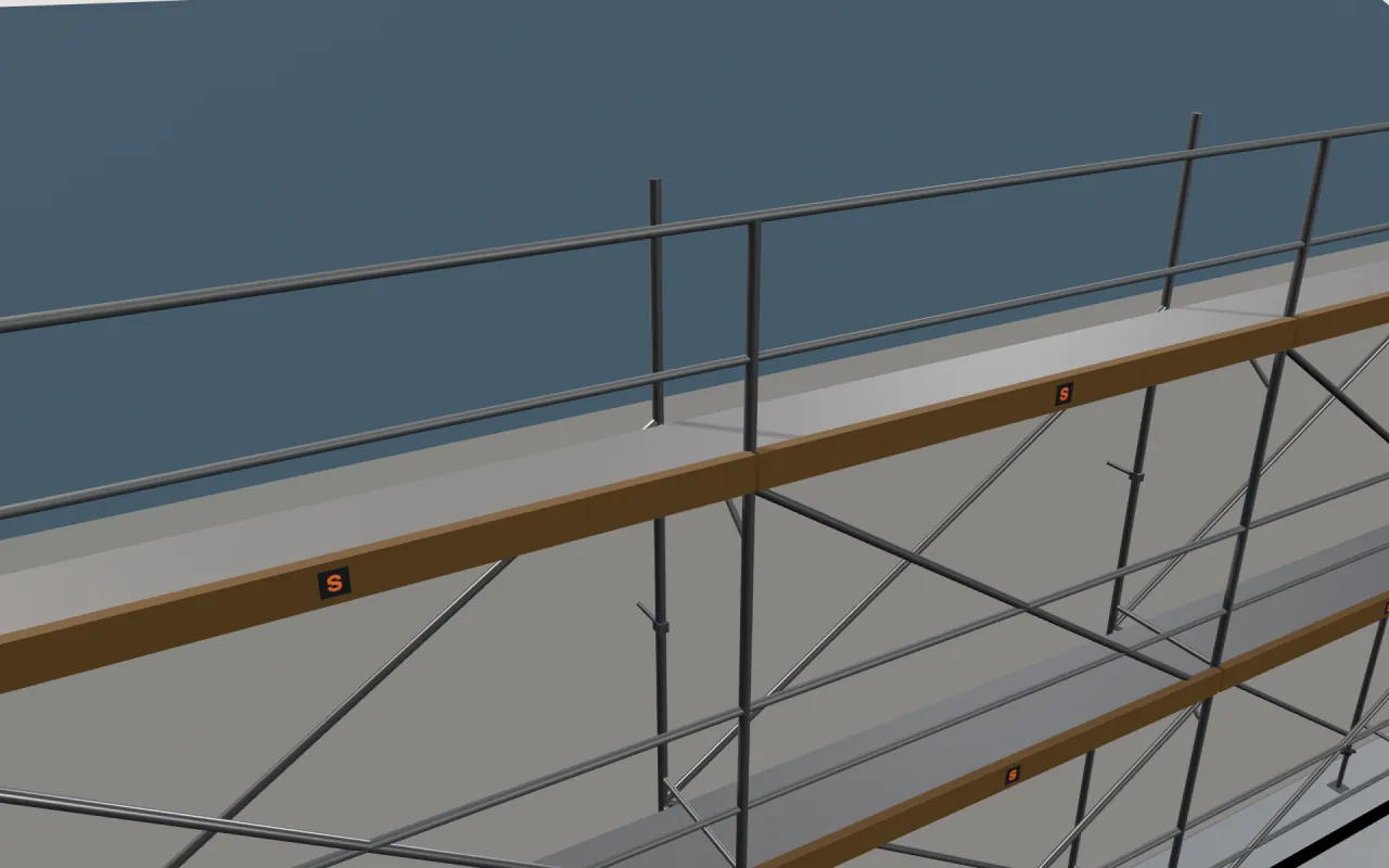 Close-up of the top WACO Narrow Frame lift below the eaves, with guardrails and toe boards, in the ScaFix 3D model