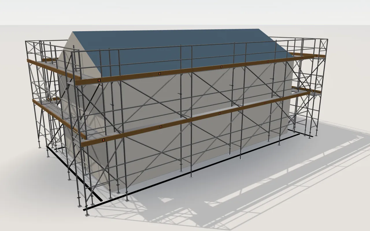 WACO Narrow Frame scaffolding around a house of 11.4 × 5.3 m with a gabled roof (eaves 4.5 m, ridge 6 m), drawn by the ScaFix 3D model