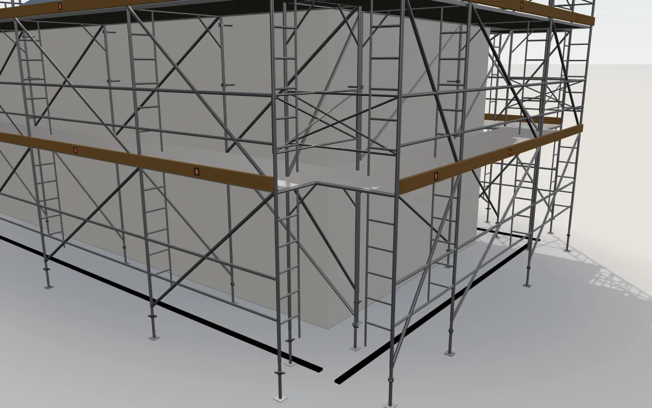 Close-up of the corner where the long wall and the gable wall meet, with WACO RED Access Frame standards, decks, guardrails and toe boards in the ScaFix 3D model