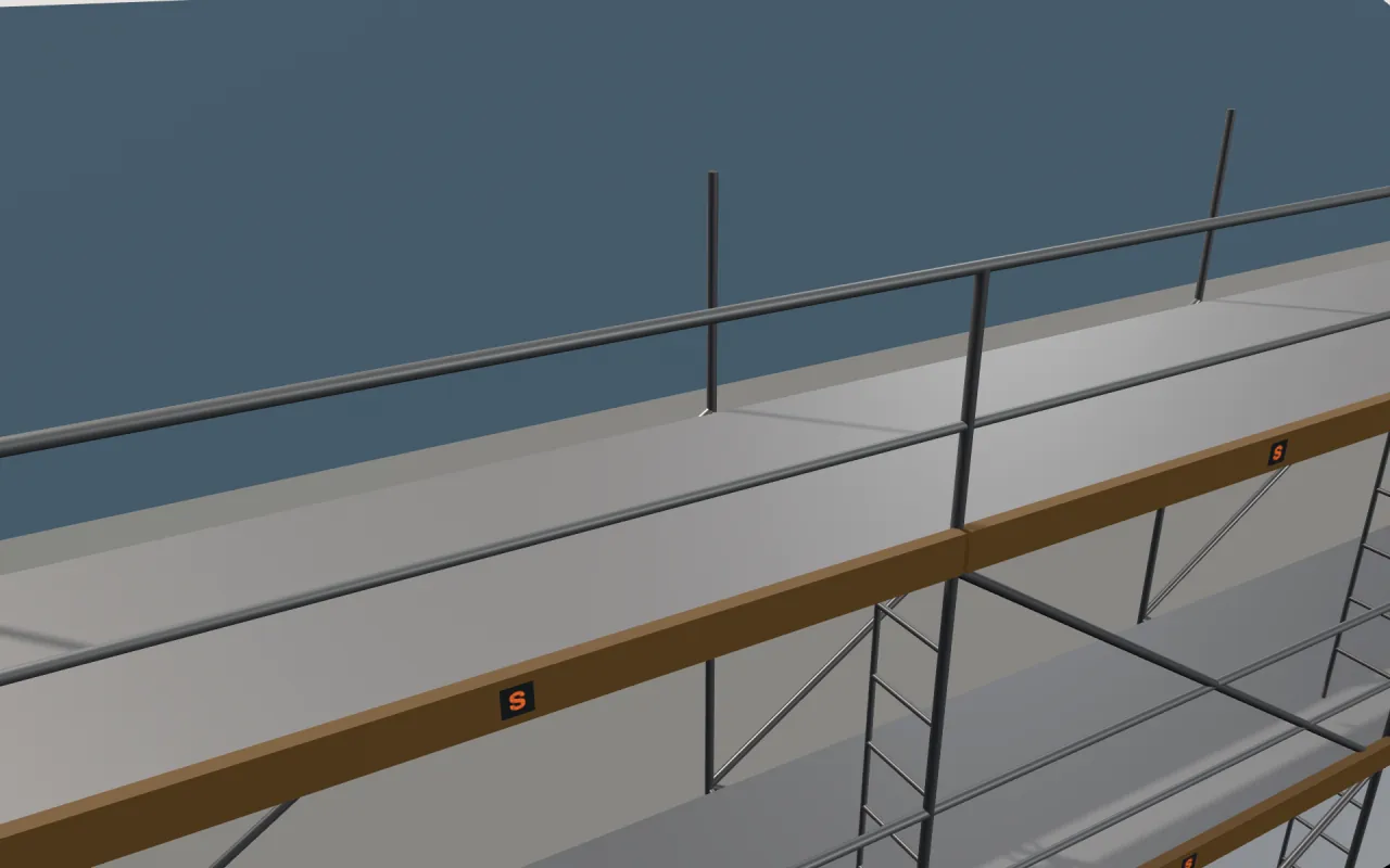 Close-up of the top WACO RED Access Frame lift below the eaves, with guardrails and toe boards, in the ScaFix 3D model