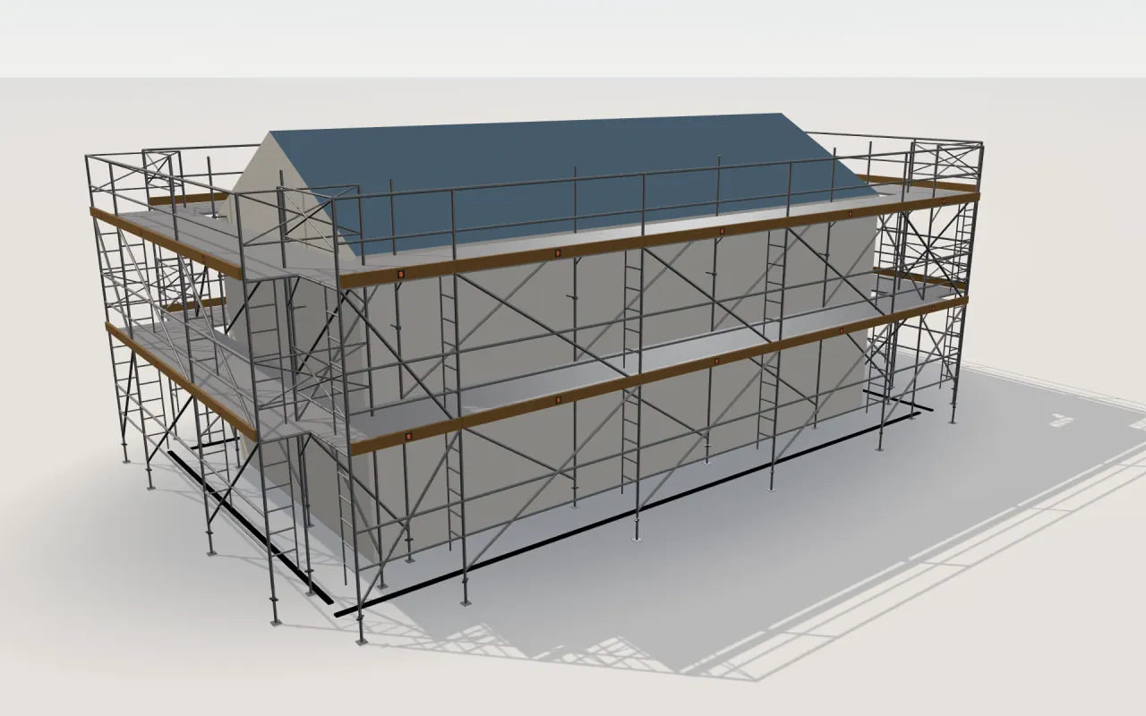 WACO RED Access Frame scaffolding around a house of 11.4 × 5.3 m with a gabled roof (eaves 4.5 m, ridge 6 m), drawn by the ScaFix 3D model