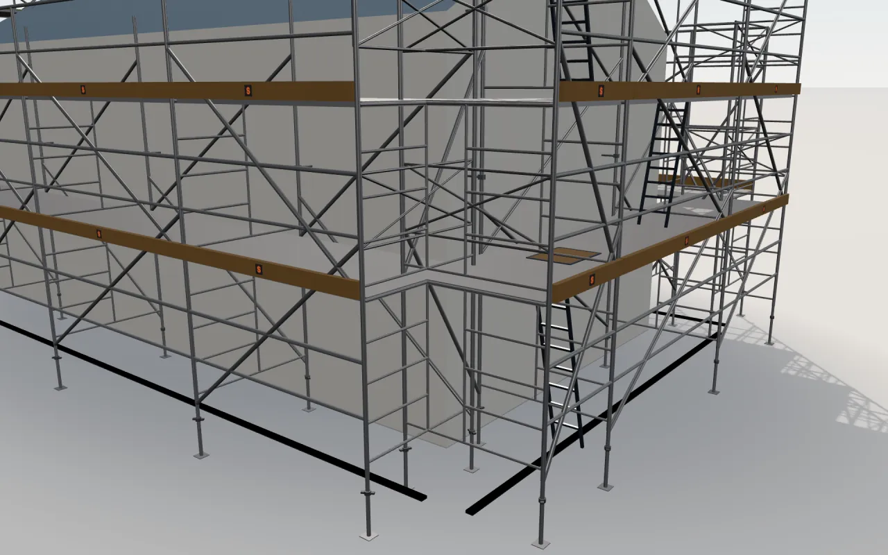 Close-up of the corner where the long wall and the gable wall meet, with WACO RED Box Frame standards, decks, guardrails and toe boards in the ScaFix 3D model