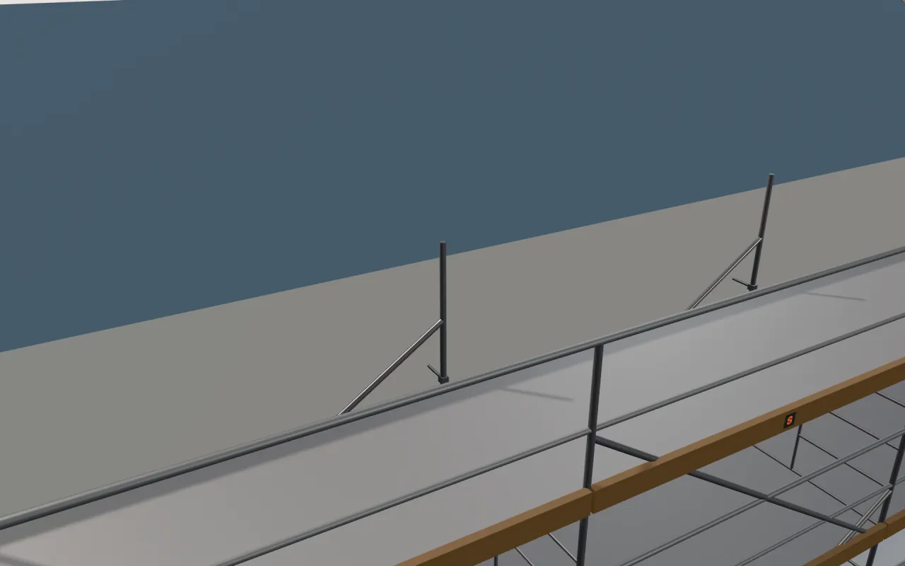 Close-up of the top WACO RED Box Frame lift below the eaves, with guardrails and toe boards, in the ScaFix 3D model