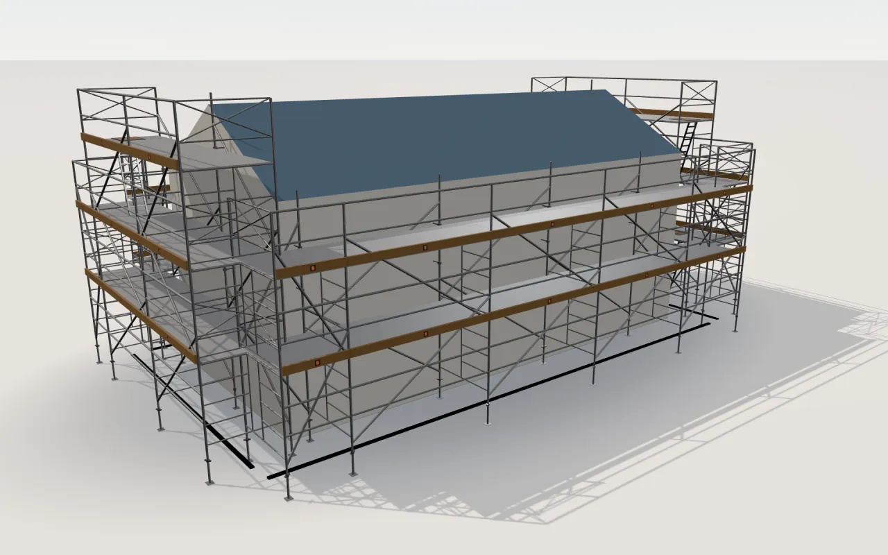 WACO RED Box Frame scaffolding around a house of 11.4 × 5.3 m with a gabled roof (eaves 4.5 m, ridge 6 m), drawn by the ScaFix 3D model
