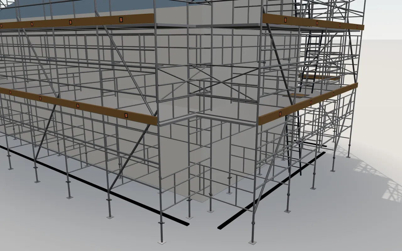 Close-up of the corner where the long wall and the gable wall meet, with Rusztowanie warszawskie (HIGHER) standards, decks, guardrails and toe boards in the ScaFix 3D model