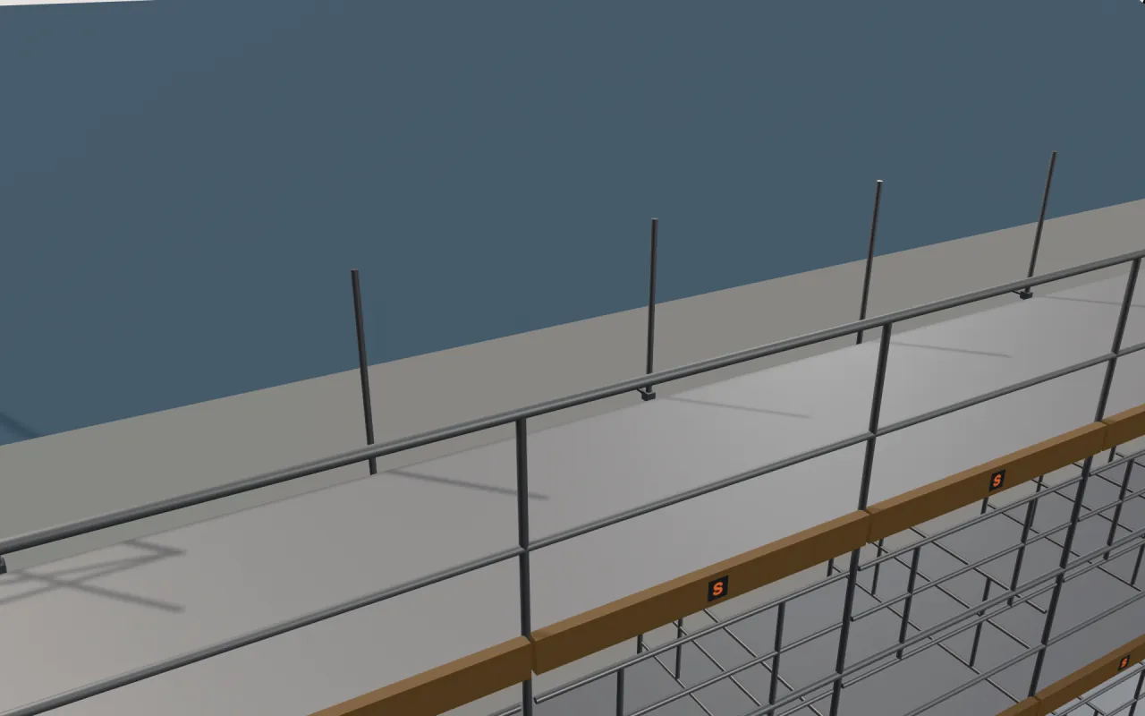 Close-up of the top Rusztowanie warszawskie (HIGHER) lift below the eaves, with guardrails and toe boards, in the ScaFix 3D model