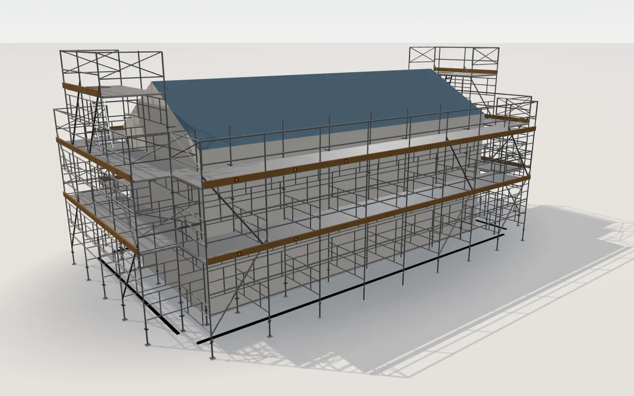 Rusztowanie warszawskie (HIGHER) scaffolding around a house of 11.4 × 5.3 m with a gabled roof (eaves 4.5 m, ridge 6 m), drawn by the ScaFix 3D model