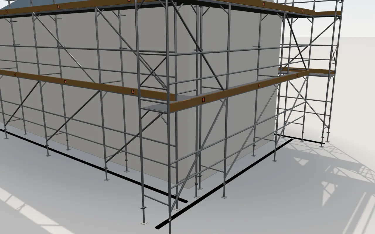 Close-up of the corner where the long wall and the gable wall meet, with Yağmur H-Type standards, decks, guardrails and toe boards in the ScaFix 3D model