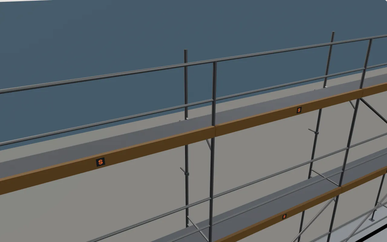 Close-up of the top Yağmur H-Type lift below the eaves, with guardrails and toe boards, in the ScaFix 3D model