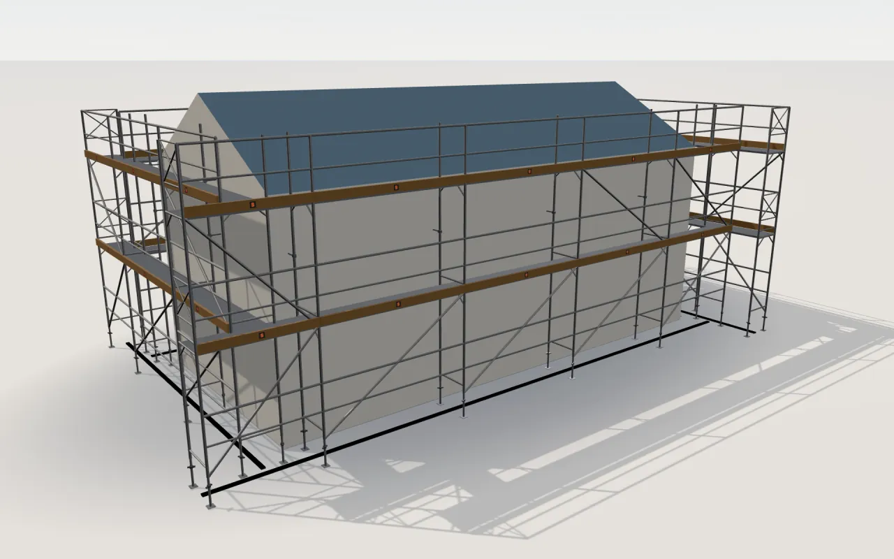 Yağmur H-Type scaffolding around a house of 11.4 × 5.3 m with a gabled roof (eaves 4.5 m, ridge 6 m), drawn by the ScaFix 3D model