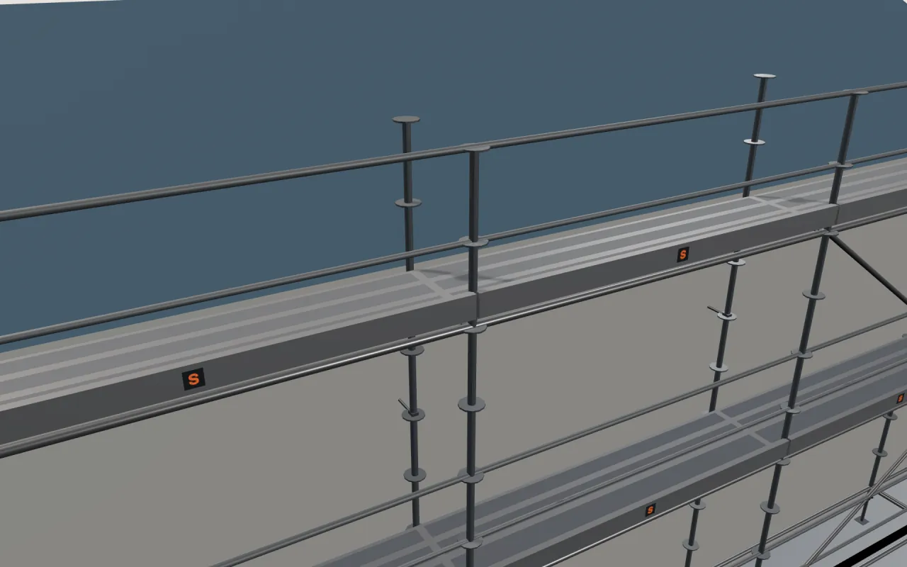 Close-up of the top Yağmur Ringlock lift below the eaves, with guardrails and toe boards, in the ScaFix 3D model