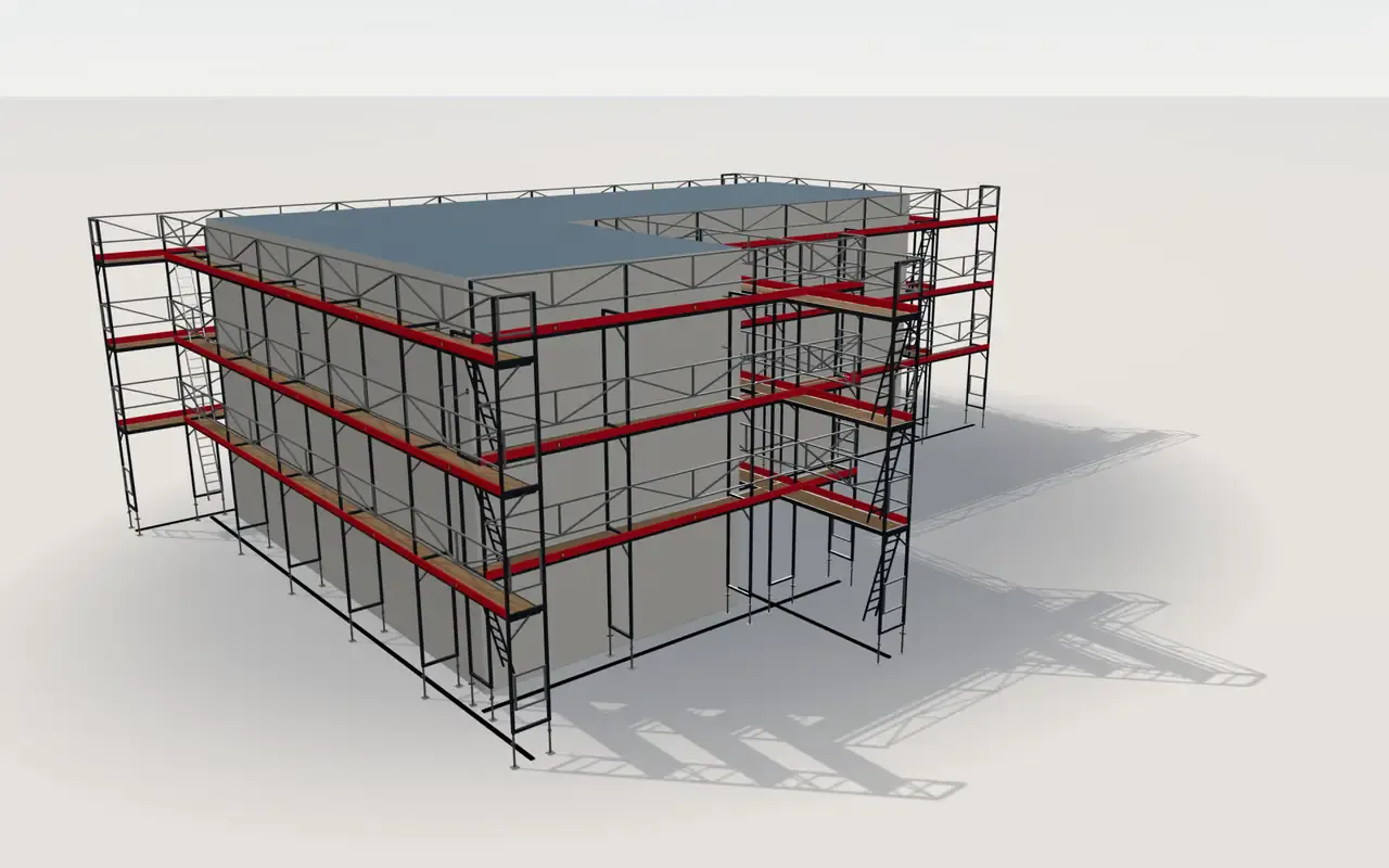Jamax scaffolding around an L-shaped building with a flat roof, 7.5 m high, in the ScaFix 3D model