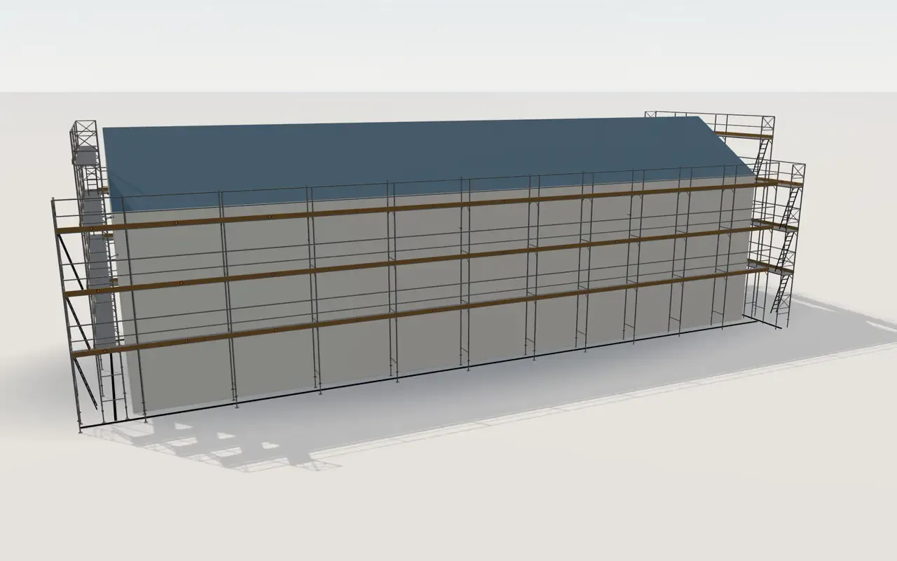Plettac SL 70/100-stillas langs en lang fasade på 27,5 m med saltak, gesims 7 m, i ScaFix sin 3D-modell