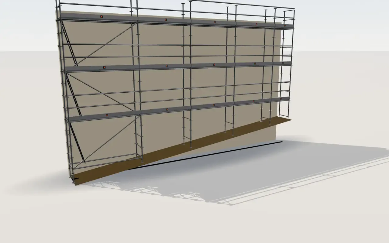 Doka Ringlock scaffolding on a 12.2 m facade on sloping ground with a 1.5 m difference in height, in the ScaFix 3D model