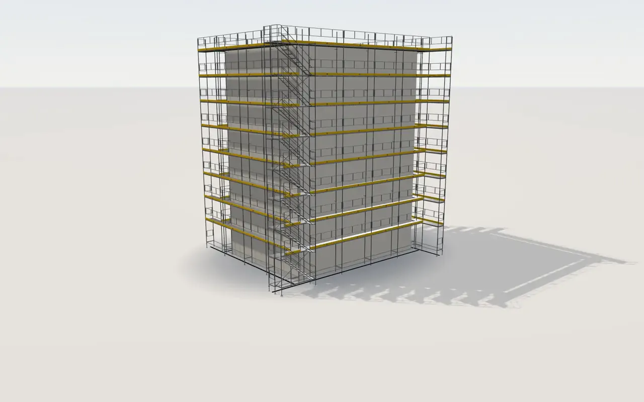 HAKI Universal scaffolding with a stair tower around a 16.5 m building, eight lifts high, in the ScaFix 3D model