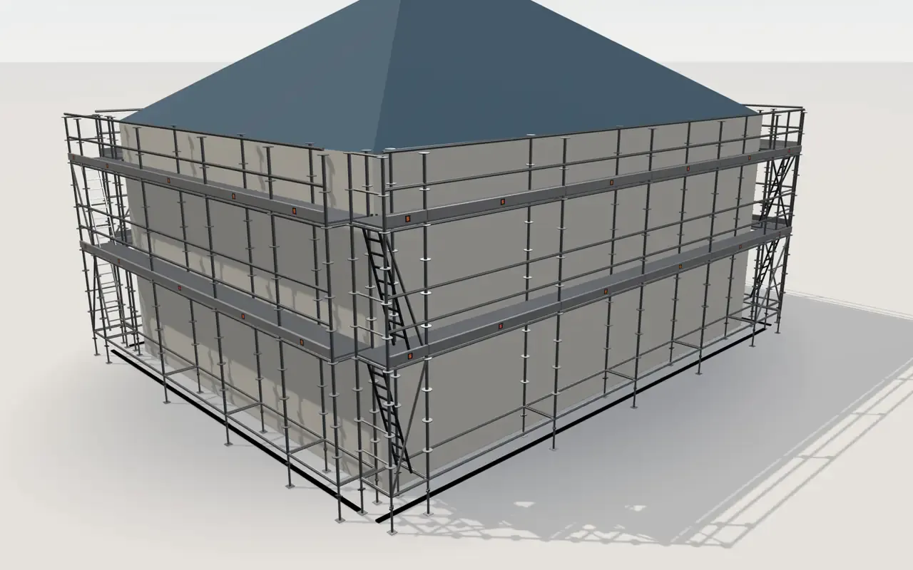 assco Futuro scaffolding around a 12.2 × 9.15 m villa with a hipped roof, in the ScaFix 3D model